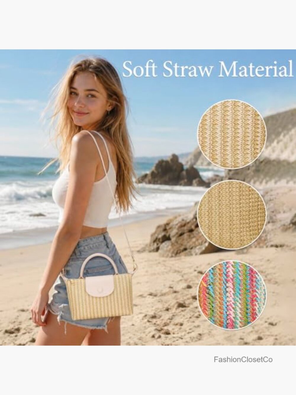 Mini Straw Crossbody Bag with Top Handle and Adjustable Strap - Picture 4 of 7